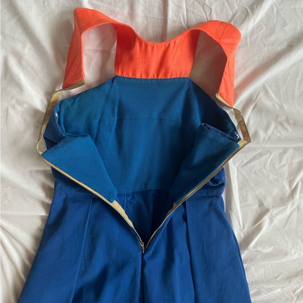 Blue and Orange Denim Asymmetrical Halter Dress 100% Cotton Cutout Shoulder sz S - Picture 10 of 15